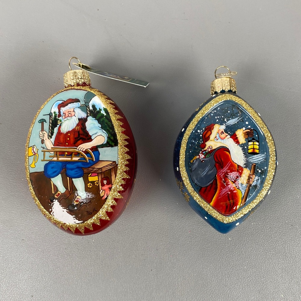 2 Old World Christmas Inside Art Santa Glass Holiday Ornaments Red Blue Glitter